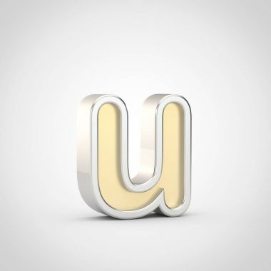 Parlak harf U küçük. Beyaz arka plan üzerinde izole gümüş anahat ile 3D render altın yazı tipi.