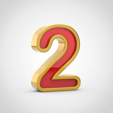Parlak sayısı 2. 3D render kırmızı yazı tipiyle altın Anahat Beyaz arka plan üzerinde izole.