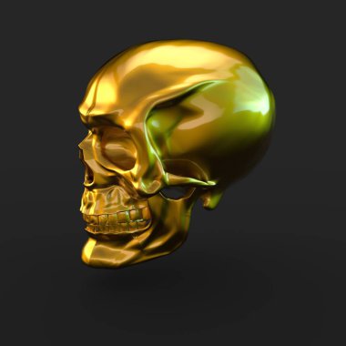 siyah arka plan üzerine ışık yansımaları ile 3D render altın parlak kafatası