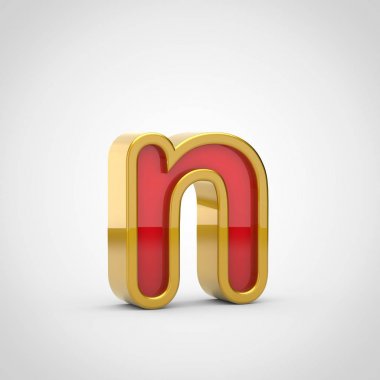 Parlak harf N küçük. 3D render kırmızı yazı tipiyle altın Anahat Beyaz arka plan üzerinde izole.