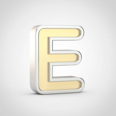 Parlak harf E büyük harf. Beyaz arka plan üzerinde izole gümüş anahat ile 3D render altın yazı tipi.