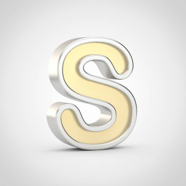 Parlak harf büyük harf S. Beyaz arka plan üzerinde izole gümüş anahat ile 3D render altın yazı tipi.