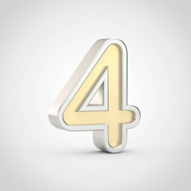 Parlak mektubu numarası 4. Beyaz arka plan üzerinde izole gümüş anahat ile 3D render altın yazı tipi.