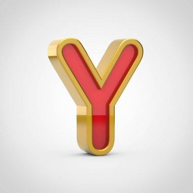 Parlak harf büyük harf Y. 3D render kırmızı yazı tipiyle altın Anahat Beyaz arka plan üzerinde izole.