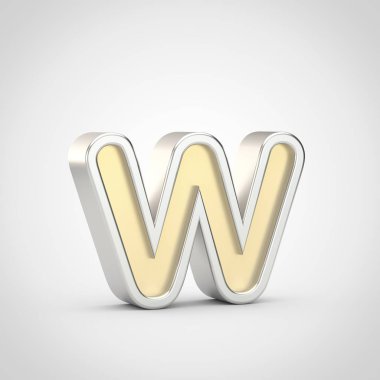 Parlak harf W küçük. Beyaz arka plan üzerinde izole gümüş anahat ile 3D render altın yazı tipi.