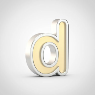 Parlak D harfi küçük. Beyaz arka plan üzerinde izole gümüş anahat ile 3D render altın yazı tipi.