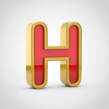 Parlak harfi H büyük harf. 3D render kırmızı yazı tipiyle altın Anahat Beyaz arka plan üzerinde izole.