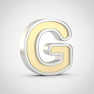 Parlak harf G büyük harf. Beyaz arka plan üzerinde izole gümüş anahat ile 3D render altın yazı tipi.