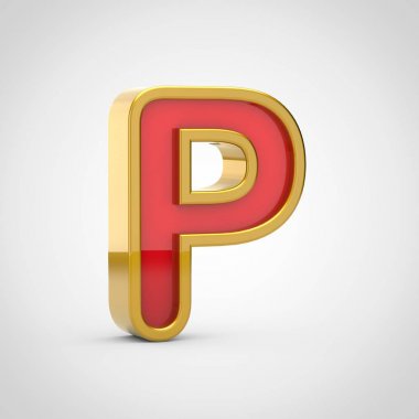 Parlak harf P büyük harf. 3D render kırmızı yazı tipiyle altın Anahat Beyaz arka plan üzerinde izole.