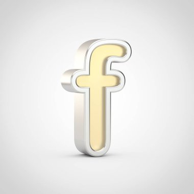 Parlak F harfi küçük. Beyaz arka plan üzerinde izole gümüş anahat ile 3D render altın yazı tipi.