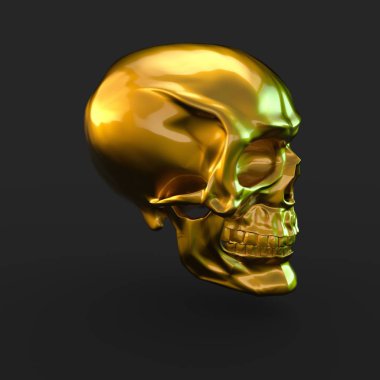 siyah arka plan üzerine ışık yansımaları ile 3D render altın parlak kafatası