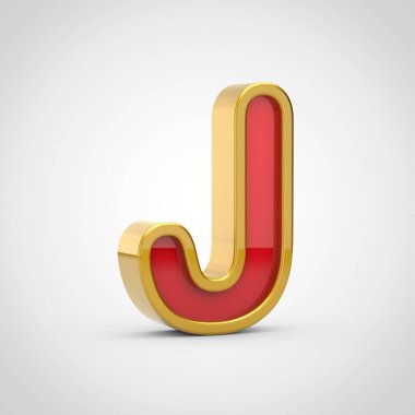 Parlak harf J büyük harf. 3D render kırmızı yazı tipiyle altın Anahat Beyaz arka plan üzerinde izole.