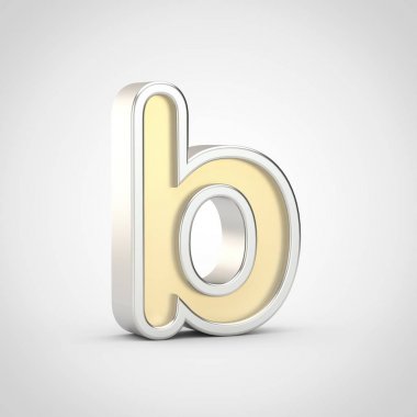 Parlak mektup B küçük. Beyaz arka plan üzerinde izole gümüş anahat ile 3D render altın yazı tipi.