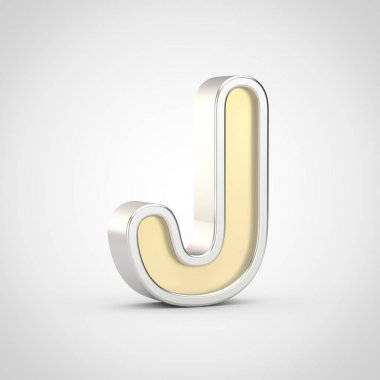 Parlak harf J büyük harf. Beyaz arka plan üzerinde izole gümüş anahat ile 3D render altın yazı tipi.