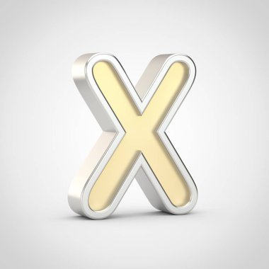 Parlak harf X büyük harf. Beyaz arka plan üzerinde izole gümüş anahat ile 3D render altın yazı tipi.