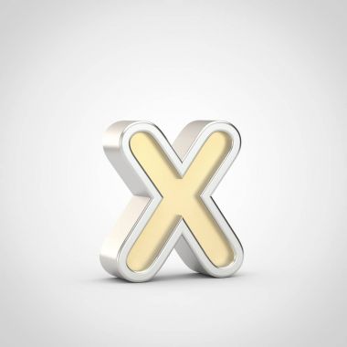 Parlak harf X küçük. Beyaz arka plan üzerinde izole gümüş anahat ile 3D render altın yazı tipi.