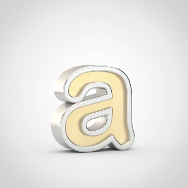 Bir küçük parlak mektup. Beyaz arka plan üzerinde izole gümüş anahat ile 3D render altın yazı tipi.