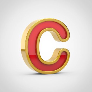 Parlak harf C büyük harf. 3D render kırmızı yazı tipiyle altın Anahat Beyaz arka plan üzerinde izole.