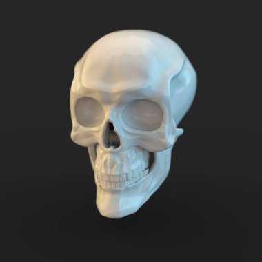 siyah arka plan üzerine izole ışık yansımaları ile 3D render beyaz parlak kafatası