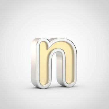 Parlak harf N küçük. Beyaz arka plan üzerinde izole gümüş anahat ile 3D render altın yazı tipi.