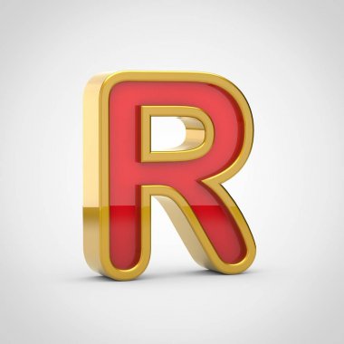 Parlak harf R büyük. 3D render kırmızı yazı tipiyle altın Anahat Beyaz arka plan üzerinde izole.