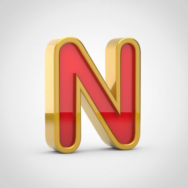 Parlak harf N büyük harf. 3D render kırmızı yazı tipiyle altın Anahat Beyaz arka plan üzerinde izole.