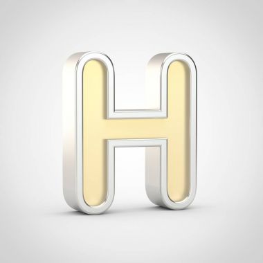 Parlak harfi H büyük harf. Beyaz arka plan üzerinde izole gümüş anahat ile 3D render altın yazı tipi.
