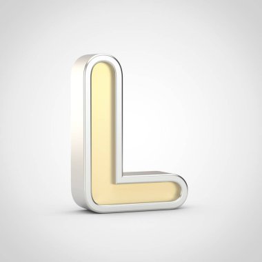 Parlak harf L büyük harf. Beyaz arka plan üzerinde izole gümüş anahat ile 3D render altın yazı tipi.