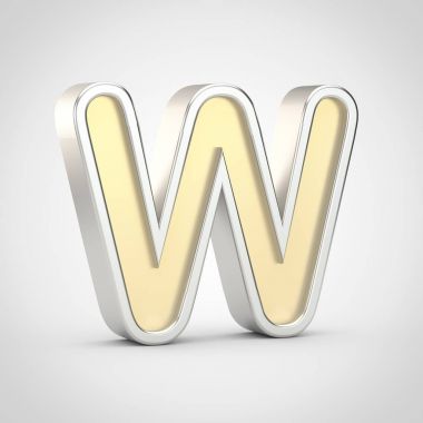 Parlak harf büyük harf W. Beyaz arka plan üzerinde izole gümüş anahat ile 3D render altın yazı tipi.