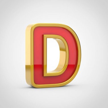D büyük parlak harfi. 3D render kırmızı yazı tipiyle altın Anahat Beyaz arka plan üzerinde izole.
