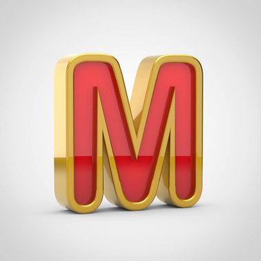 Parlak harf büyük harf M. 3D render kırmızı yazı tipiyle altın Anahat Beyaz arka plan üzerinde izole.