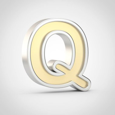 Parlak harf Q büyük harf. Beyaz arka plan üzerinde izole gümüş anahat ile 3D render altın yazı tipi.