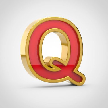 Parlak harf Q büyük harf. 3D render kırmızı yazı tipiyle altın Anahat Beyaz arka plan üzerinde izole.