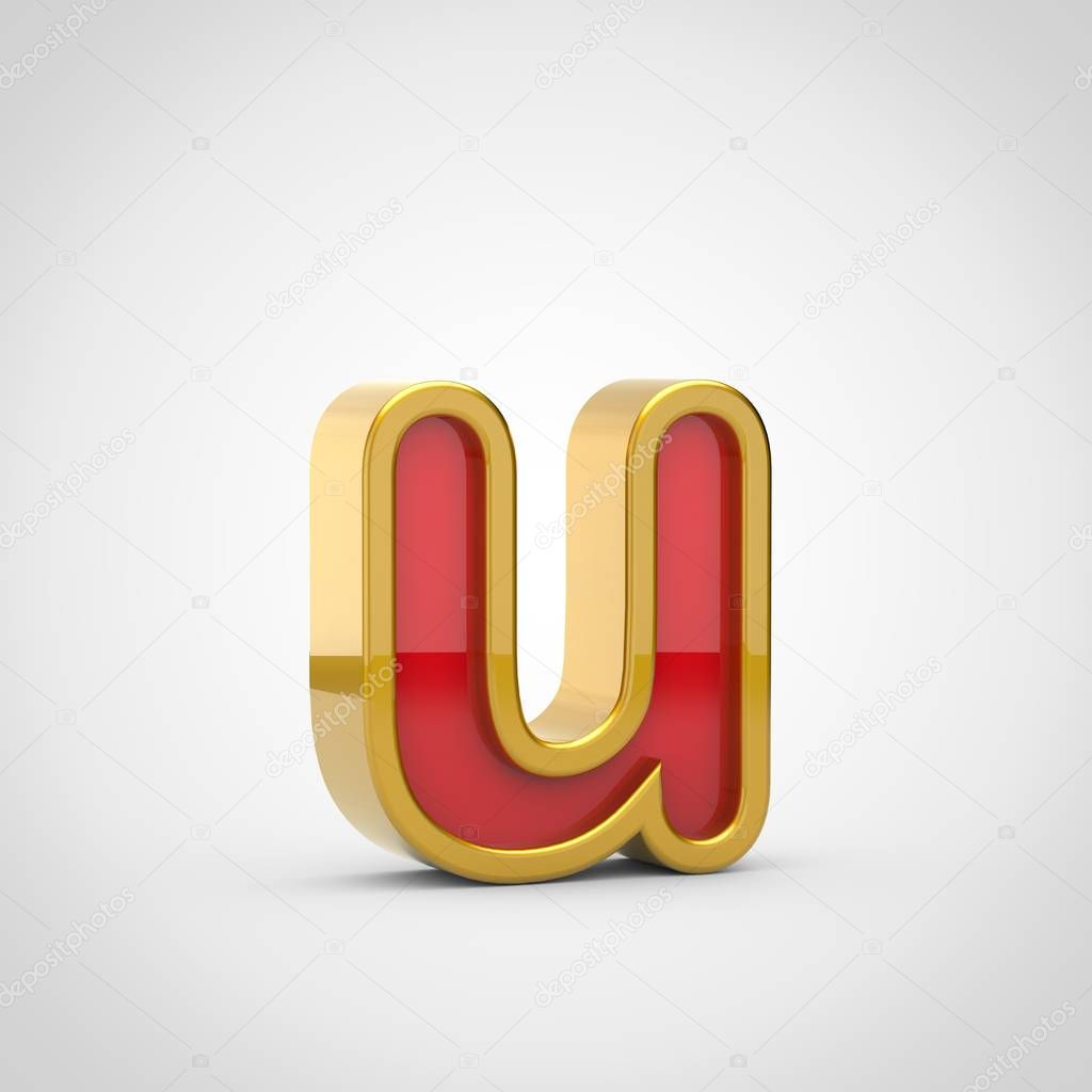 Glossy letter U lowercase. 3D render red font with golden outline isolated on white background.