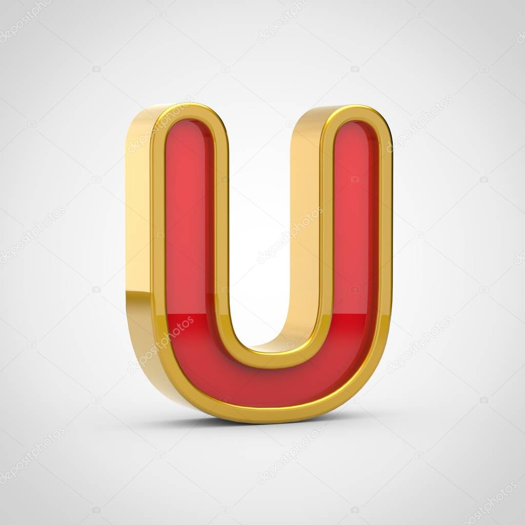 Glossy letter U uppercase. 3D render red font with golden outline isolated on white background.