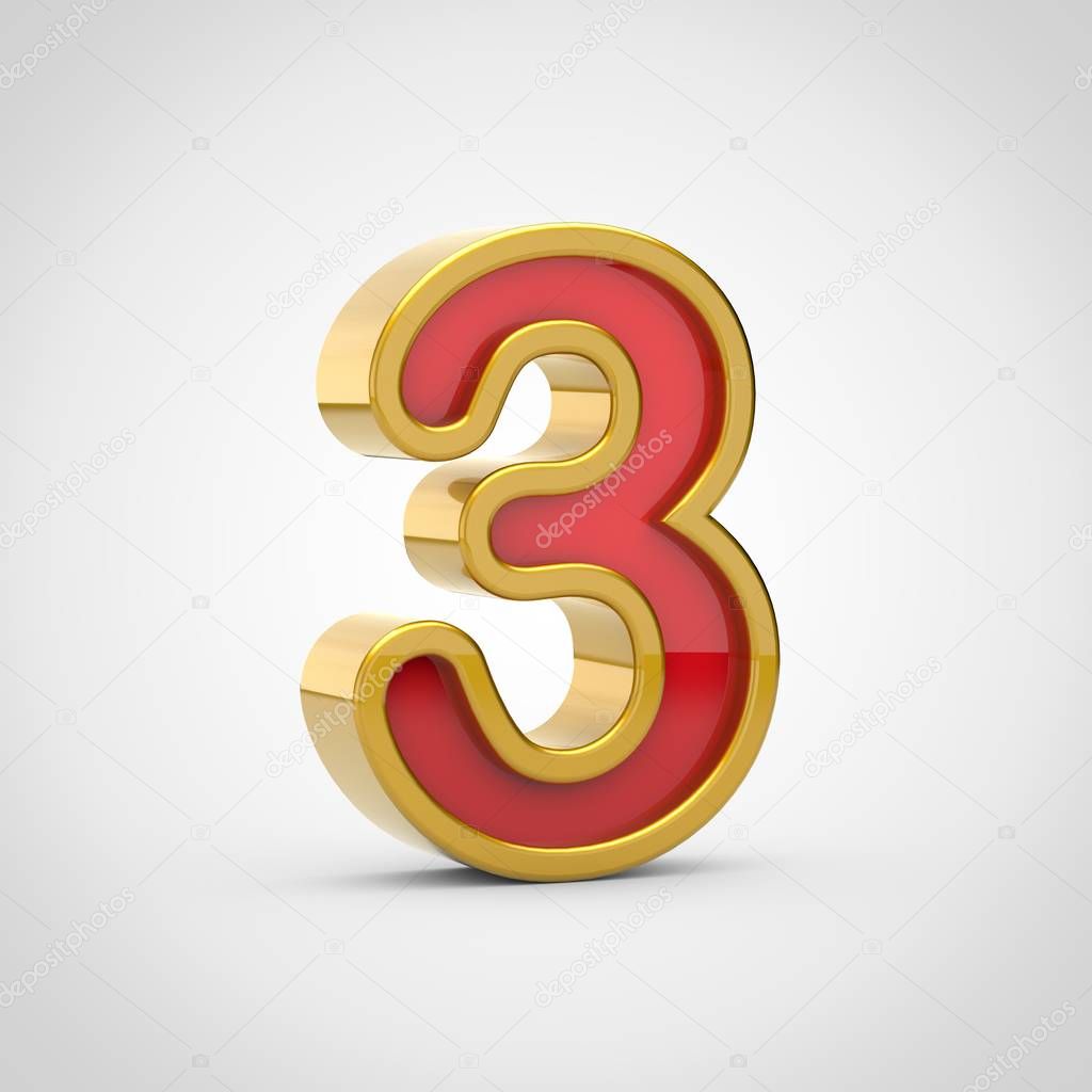 Glossy number 3. 3D render red font with golden outline isolated on white background.