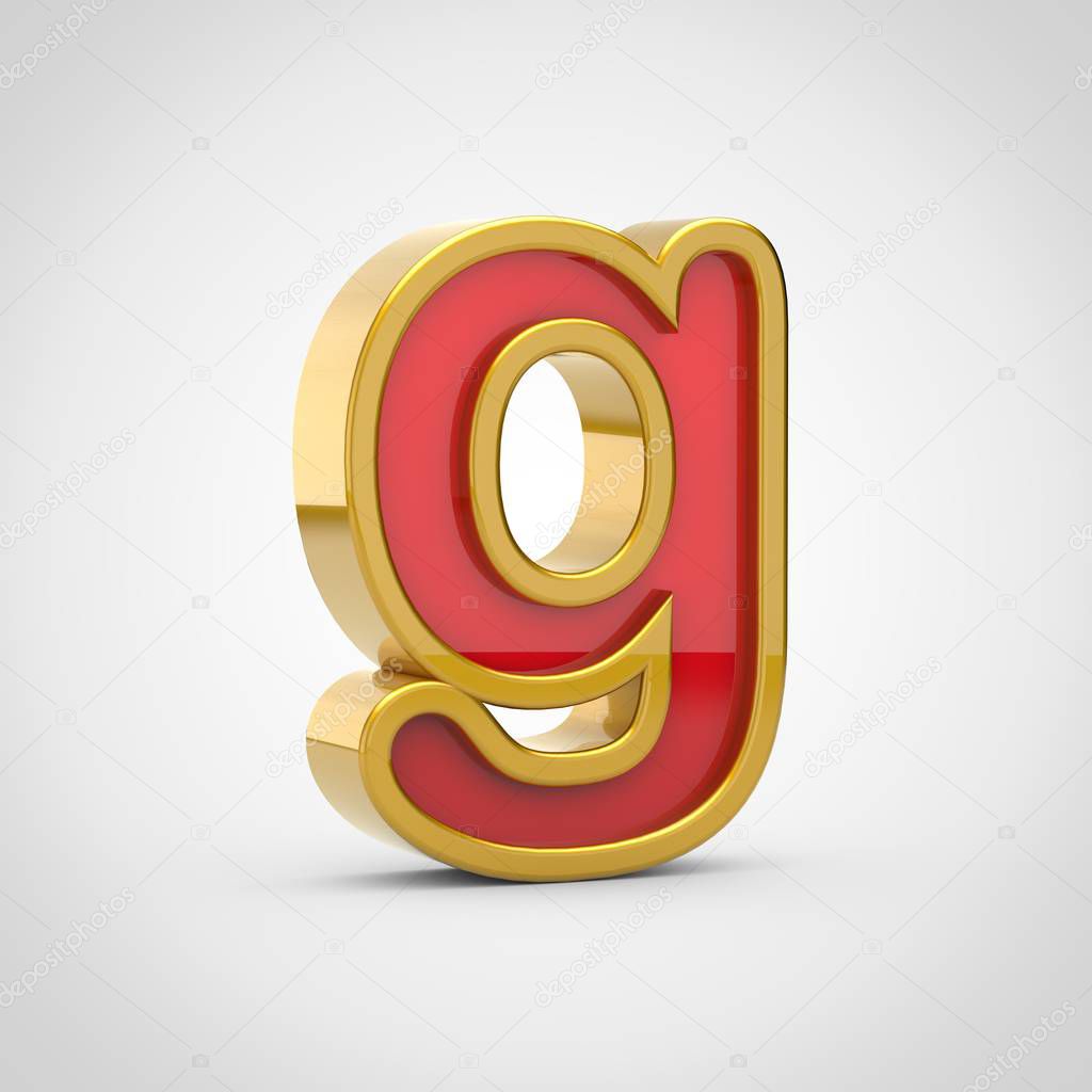 Gloosy letter G lowercase. 3D render red font with golden outline isolated on white background.
