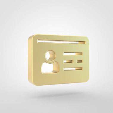 Kimlik kartı simgesi. Beyaz arka plan üzerinde izole altın kimlik kartı sembolü 3D render.