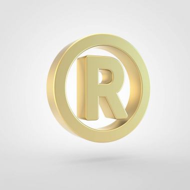 Kayıtlı simgesi. Altın kayıtlı sembolü beyaz arka plan üzerinde izole 3D render.