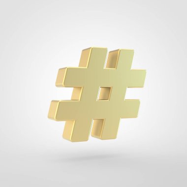 Hashtag simgesi. Beyaz arka plan üzerinde izole altın hashtag sembolü 3D render.