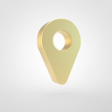 Harita işareti simgesi. Altın harita işaretleyici sembolü beyaz arka plan üzerinde izole 3D render.