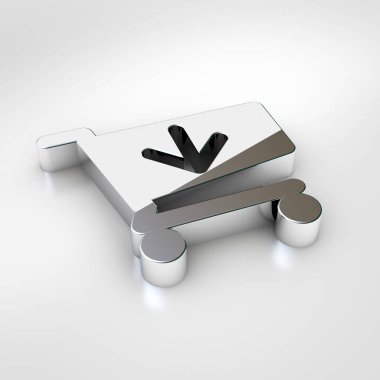 Alışveriş sepeti ok simgesi aşağı. Krom sepeti ok sembolü beyaz arka plan üzerinde izole aşağı 3D render.