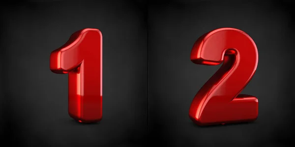 Kırmızı sayılar 1 ve 2 siyah arkaplan üzerinde izole — Stok fotoğraf