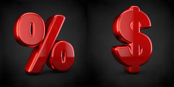 Símbolos vermelhos por cento e dólares isolados no fundo preto — Fotografia de Stock