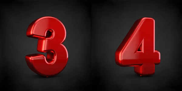 Numéros rouges 3 et 4 isolés sur fond noir — Photo