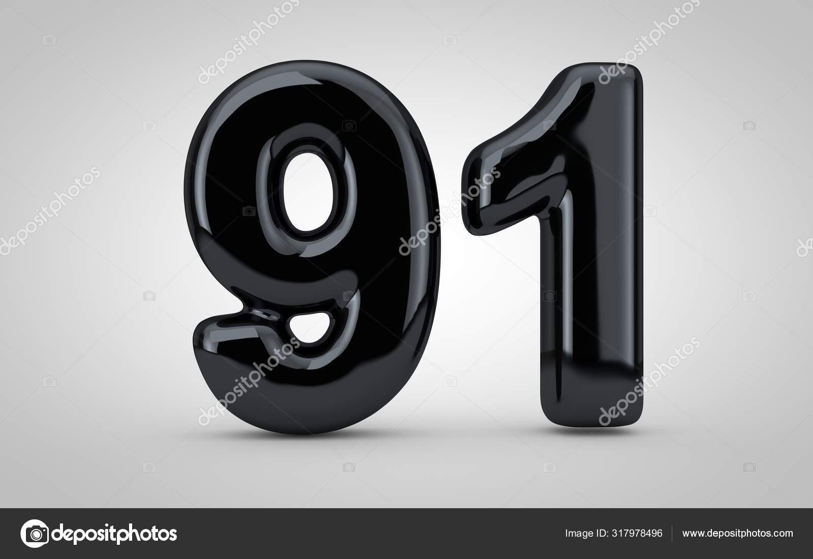 Black glossy balloon number 91 isolated on white background. Stock