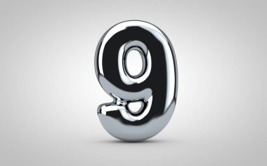 9 numaralı krom balon beyaz arka planda izole edilmiş. 3 boyutlu resimleme. Yıldönümü, doğum günü, yeni yıl kutlaması için en iyisi..