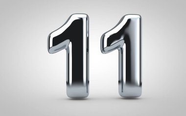 11 numaralı krom balon beyaz arka planda izole edilmiş. 3 boyutlu resimleme. Yıldönümü, doğum günü, yeni yıl kutlaması için en iyisi..