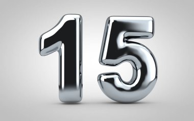 Beyaz arka planda 15 numaralı krom balon izole edildi. 3 boyutlu resimleme. Yıldönümü, doğum günü, yeni yıl kutlaması için en iyisi..
