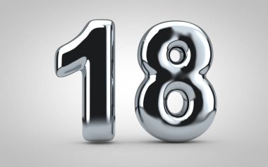 18 numaralı krom balon beyaz arka planda izole edilmiş. 3 boyutlu resimleme. Yıldönümü, doğum günü, yeni yıl kutlaması için en iyisi..